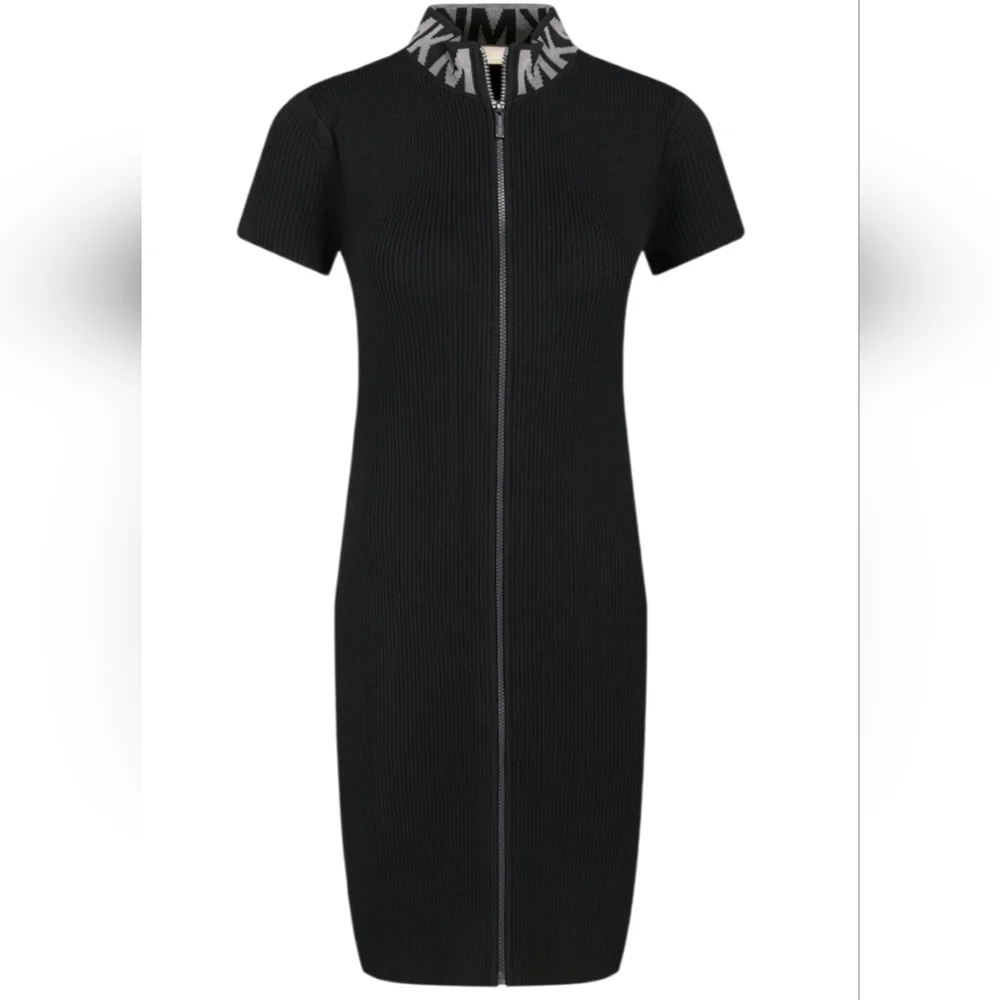 Nwot Michael Kors Black Ribbed Knit MK Logo Neckline Shortsleeve Zipfront Dress - Picture 12 of 17